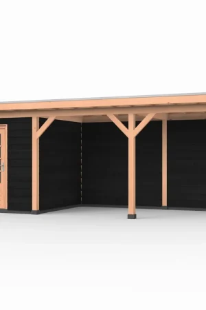 Douglas overkapping, 750 x 250, met zwarte schuur en achterwand, Westwood Comfort Express Levering